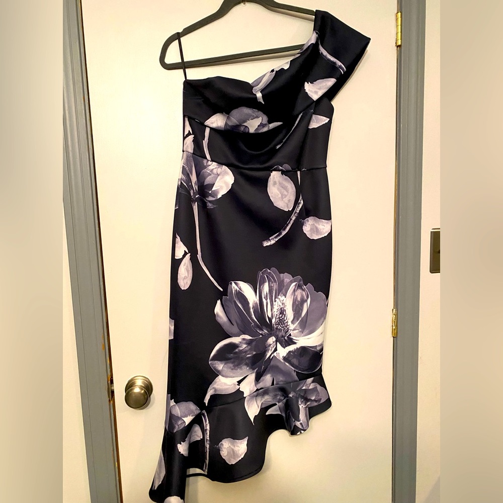 ASOS black and gray floral one shoulder dress